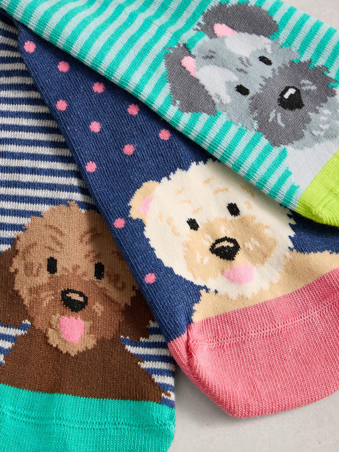 White Stuff 3PK DOG PALS ANKLE SOCKS BLUE MLT