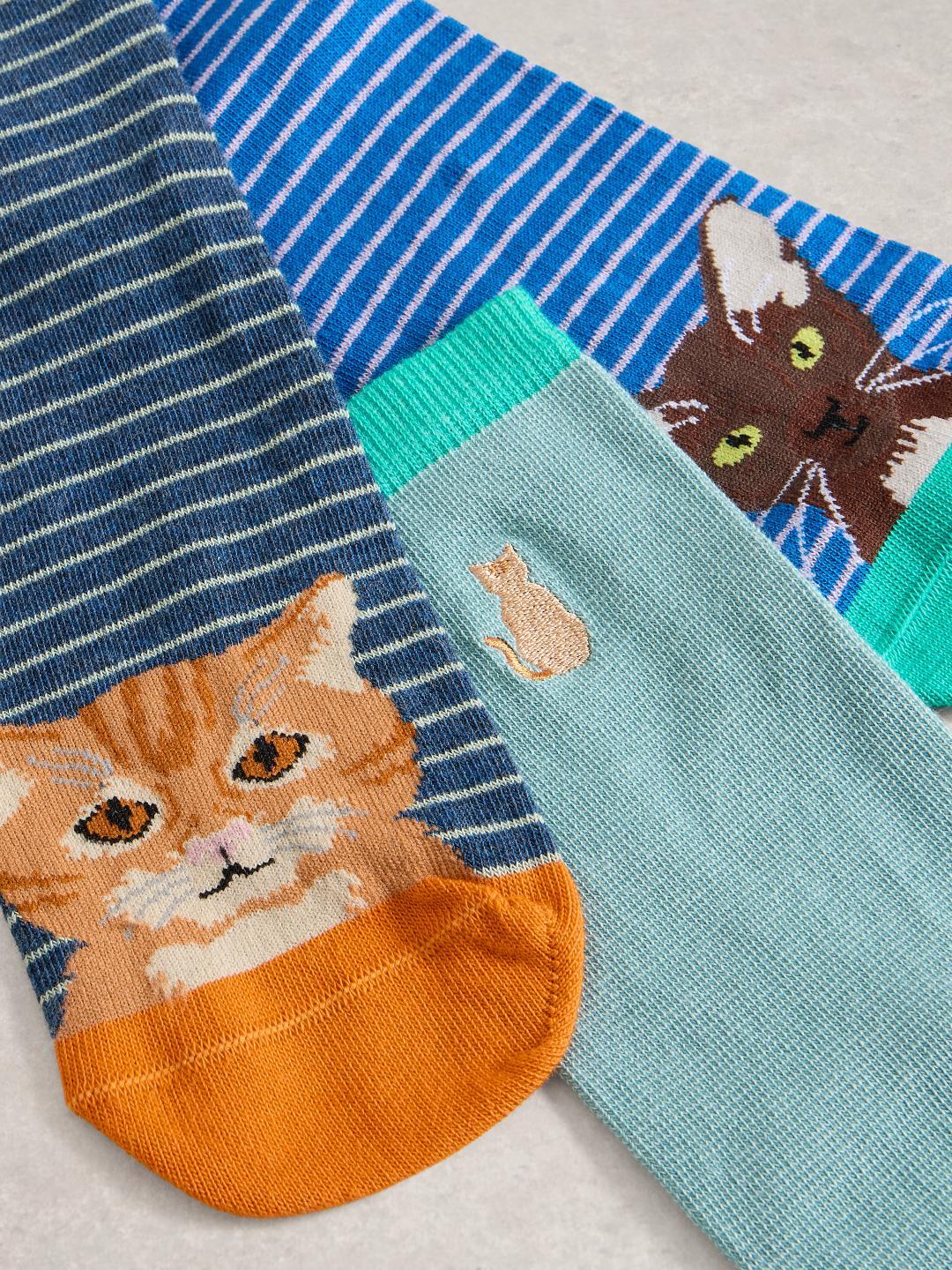 White Stuff 3PK CAT PALS ANKLE SOCKS BLUE MLT