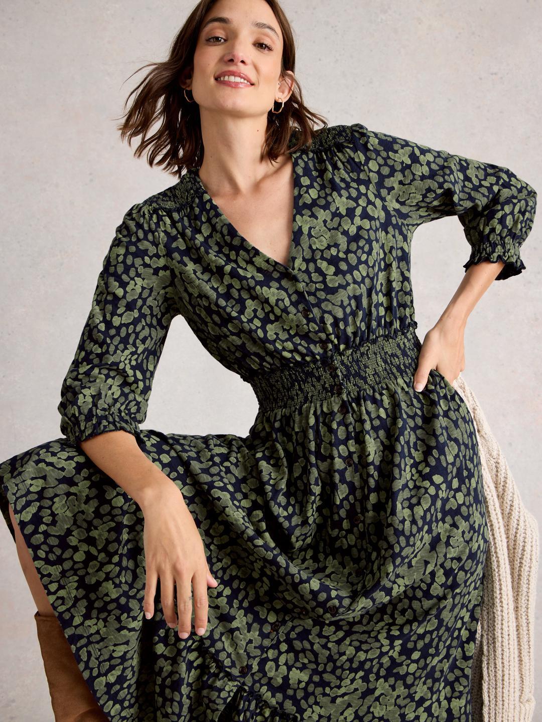 White Stuff JONIE SHIRRED DRESS GREEN PR