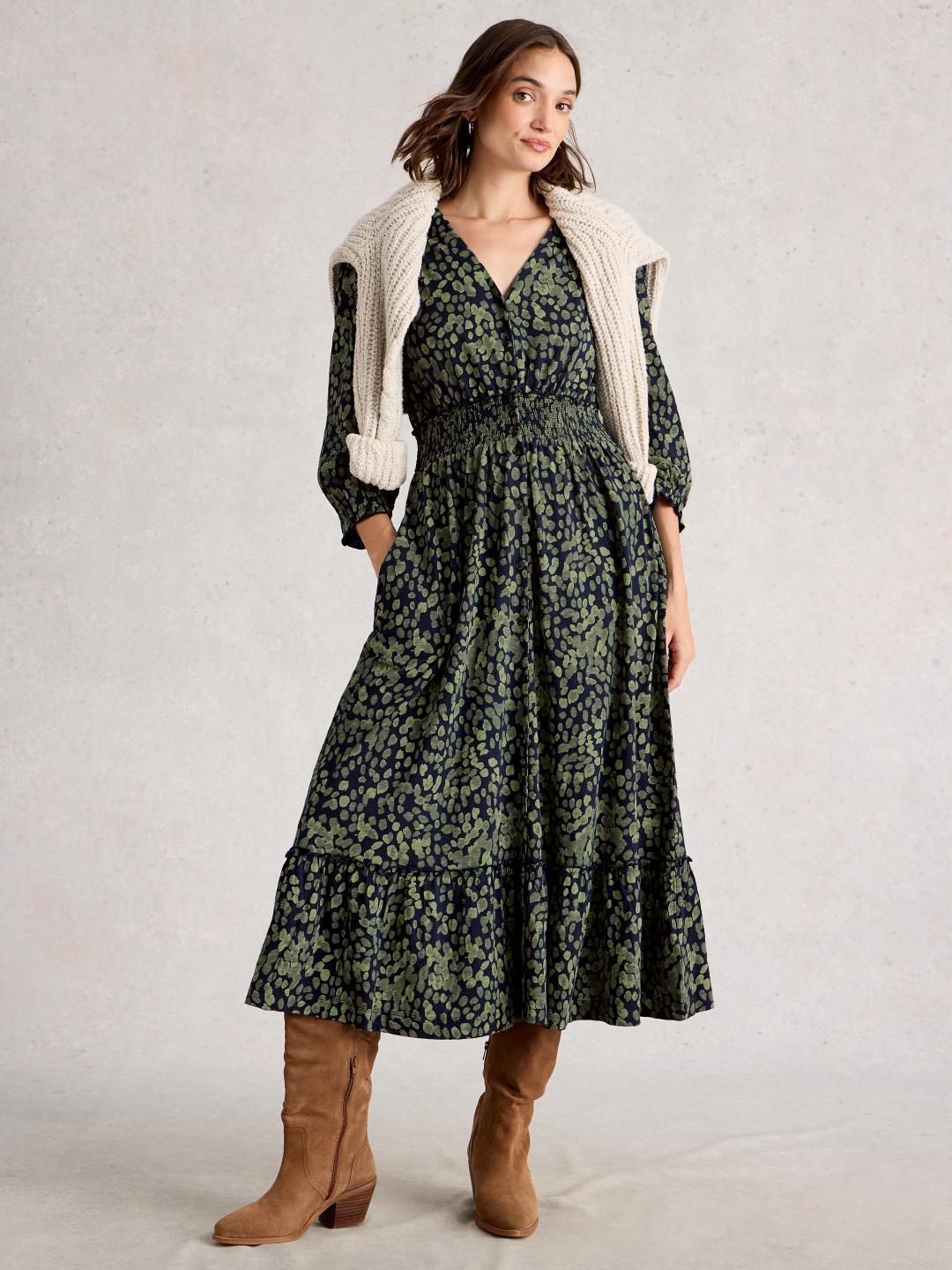 White Stuff JONIE SHIRRED DRESS GREEN PR