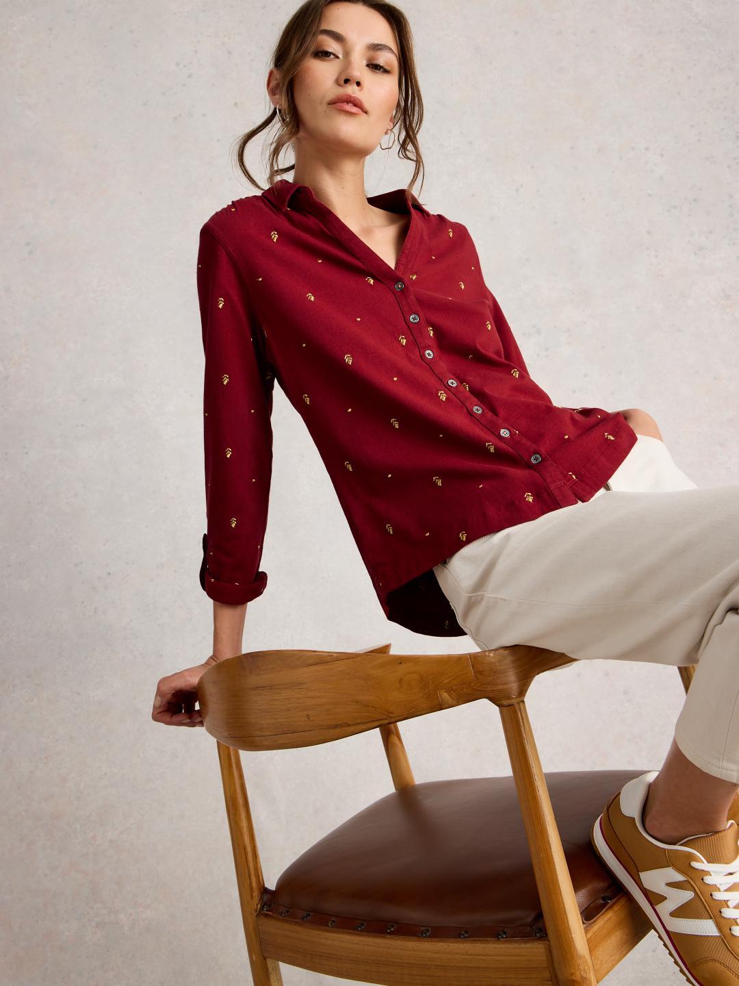 White Stuff ANNIE EMBROIDERED JERSEY SHIRT DEEP RED