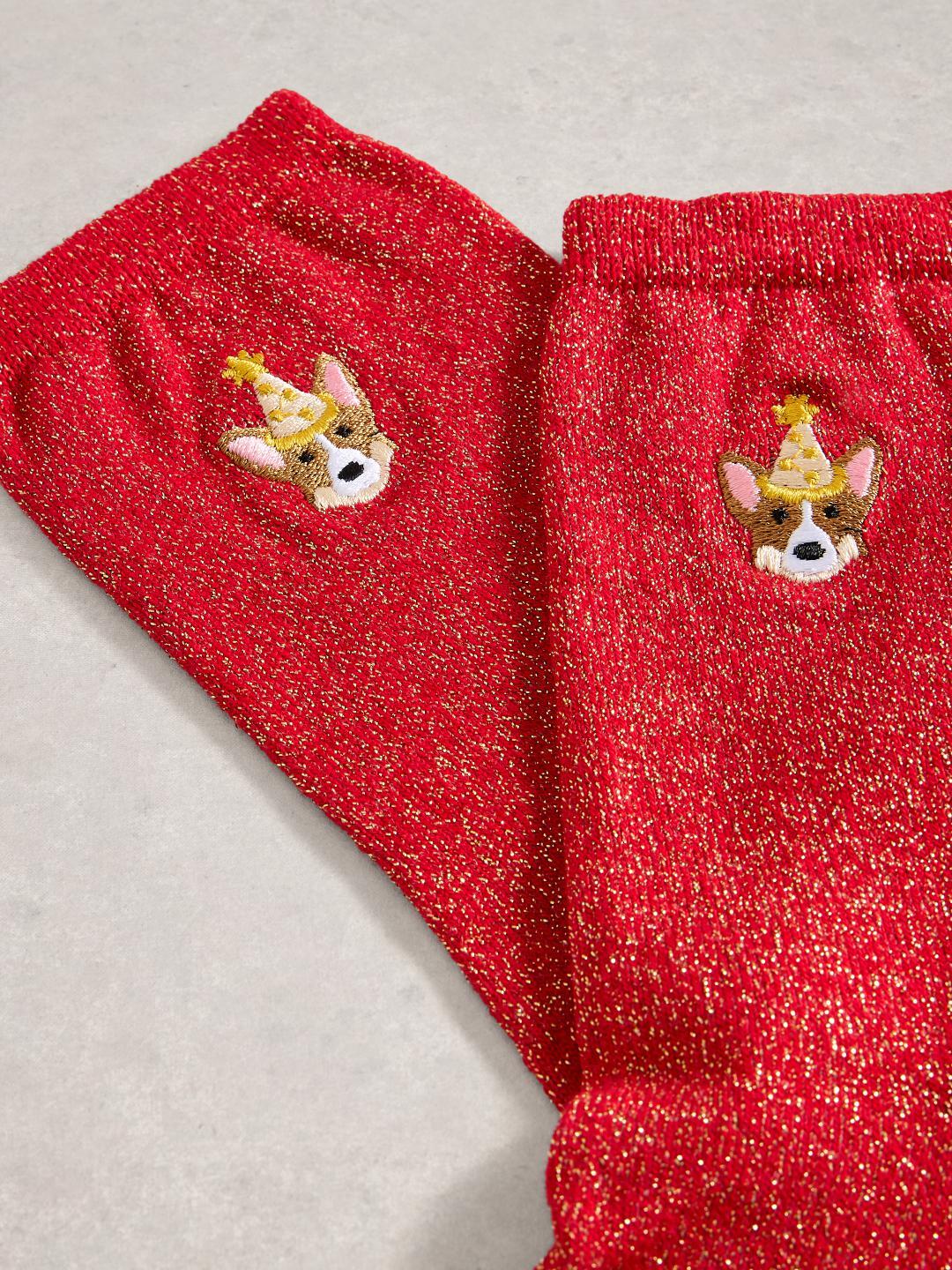 White Stuff EMBROIDERED CORGI SPARKLE SOCK BRT RED
