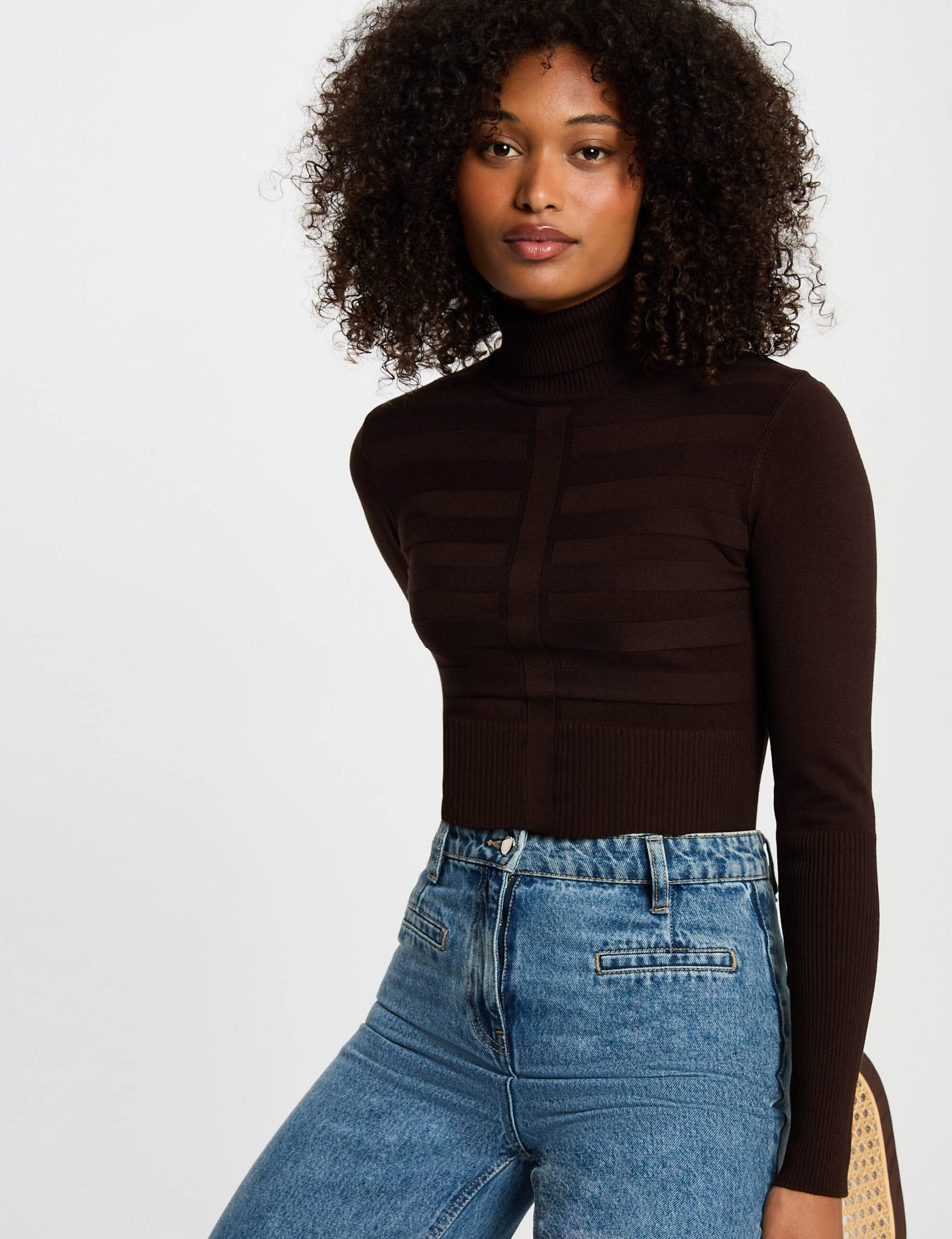 pull-col-roule-ajuste-marron-fonce-femme-vue1-32536300459791088 Morgan De Toi 252-MENTHYO BROWN