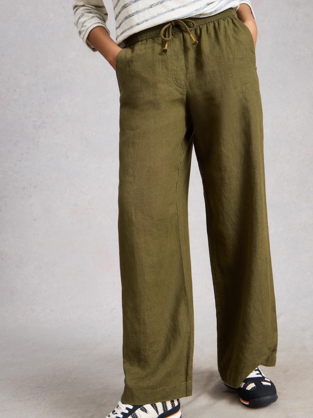 445119-KHAKI_GRN-L White Stuff ALLY LINEN WIDE LEG TROUSER KHAKI GRN