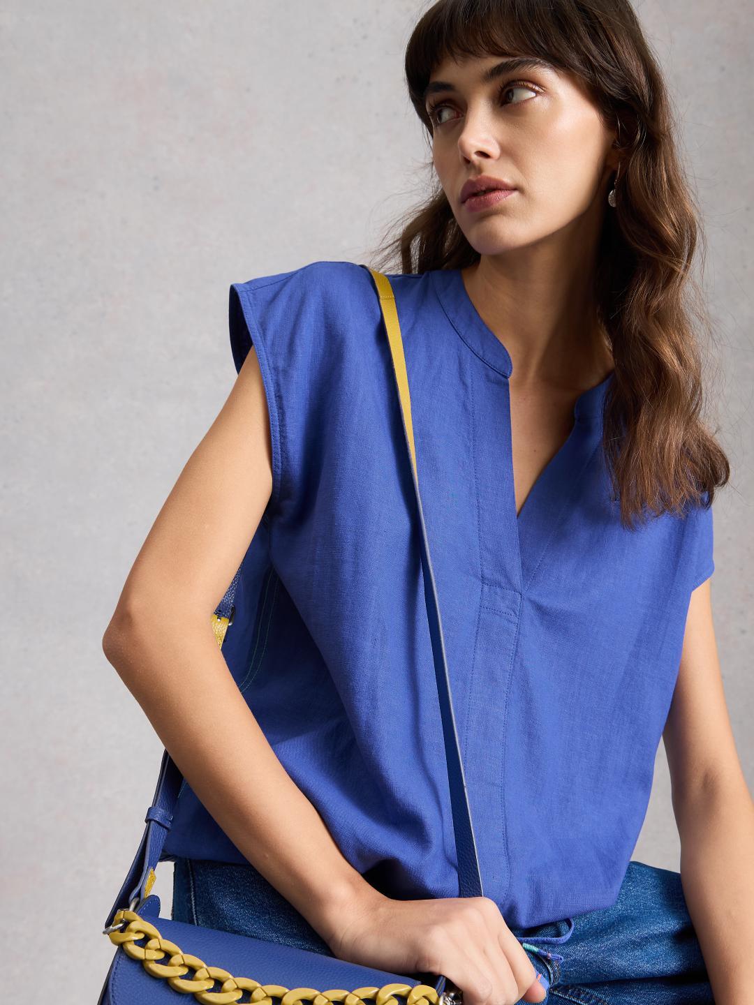 445251-BRT_BLUE-L White Stuff NICOLE LINEN BLEND TOP BRT BLUE