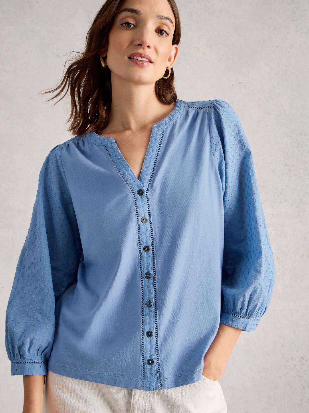 445358-MID_BLUE-MD White Stuff DAISY DOBBY MIX TOP MID BLUE