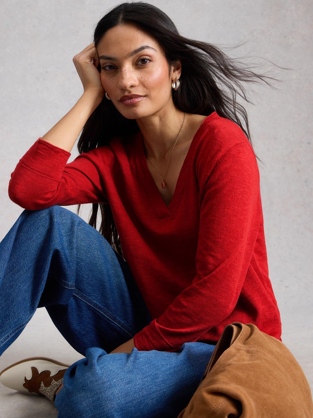 445420-MID_RED-L White Stuff ELODY LINEN BLEND JUMPER MID RED