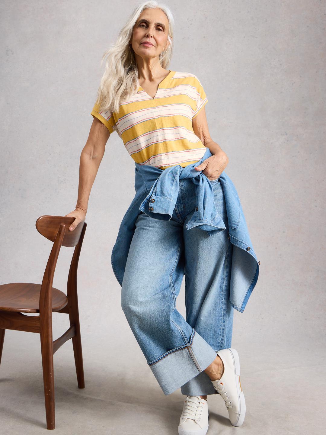 White Stuff NELLY NOTCH STRIPE TEE YELLOW MLT