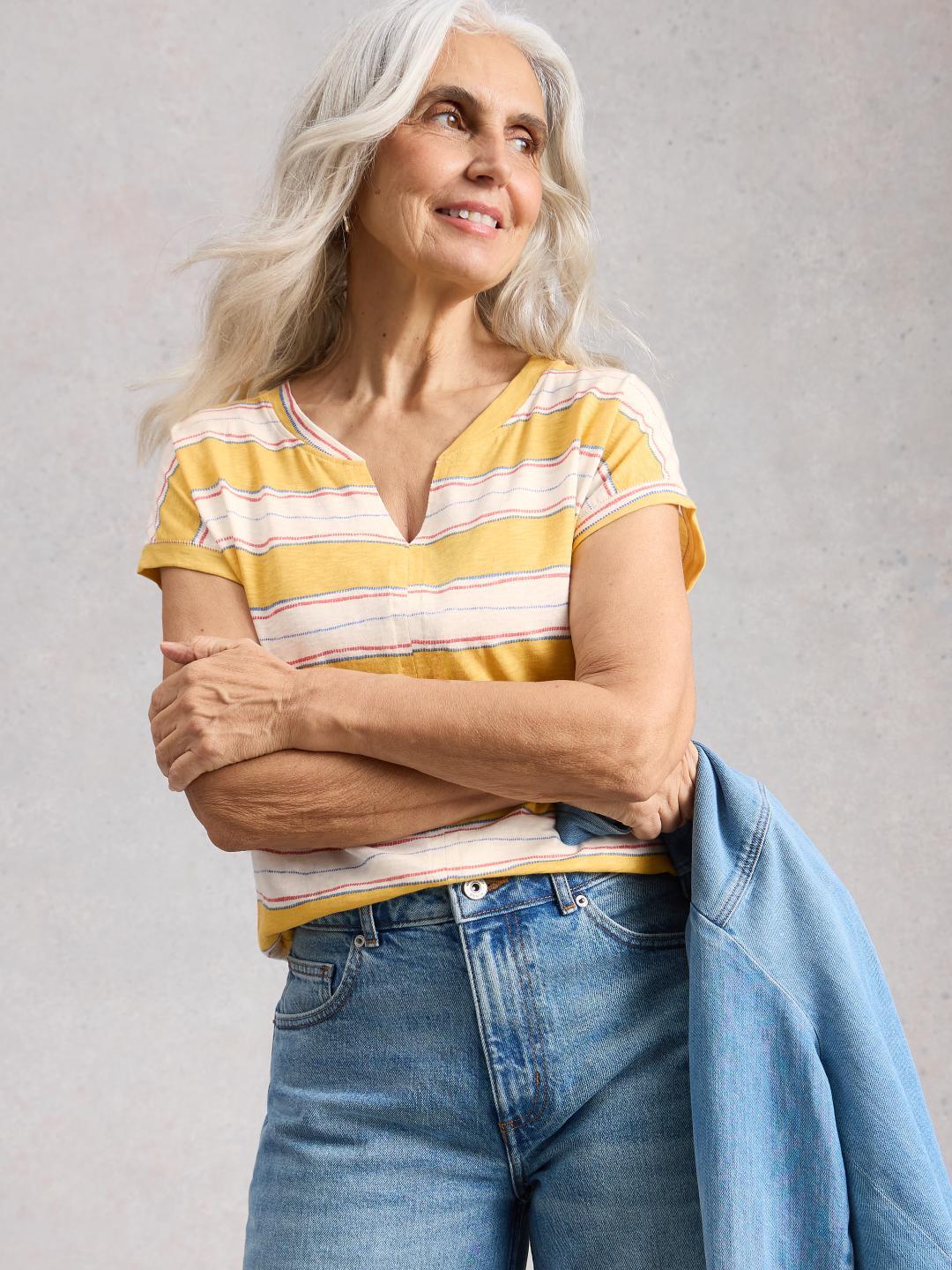 445350-YELLOW_MLT-MD White Stuff NELLY NOTCH STRIPE TEE YELLOW MLT