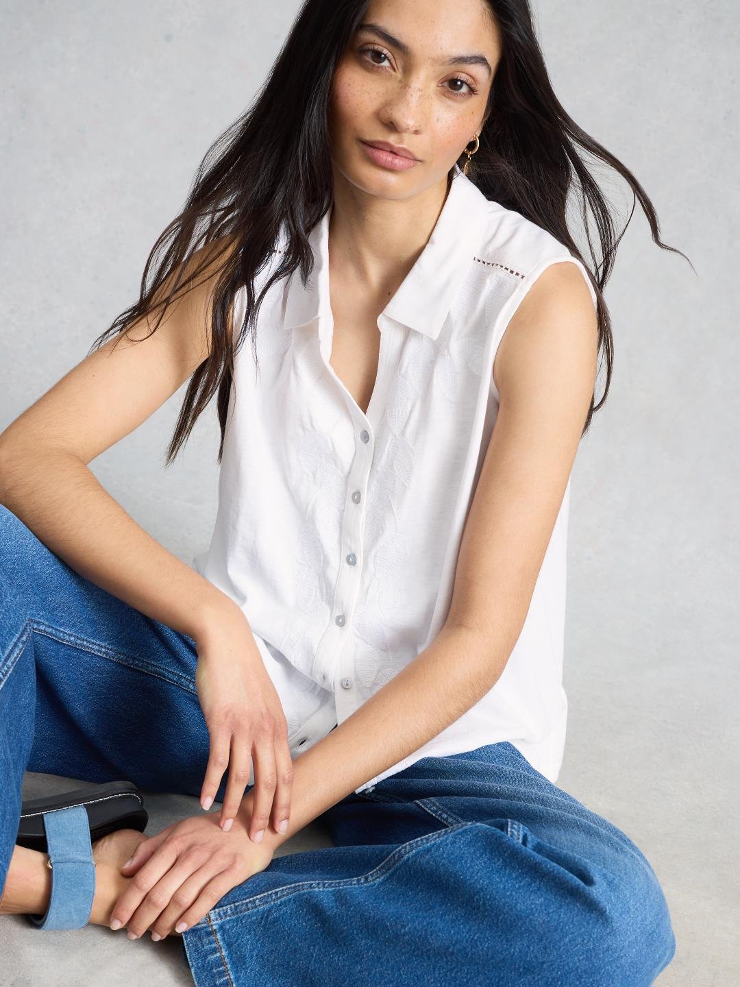 445847-BRIL_WHITE-L White Stuff AMY EMB SLEEVELESS SHIRT BRIL WHITE