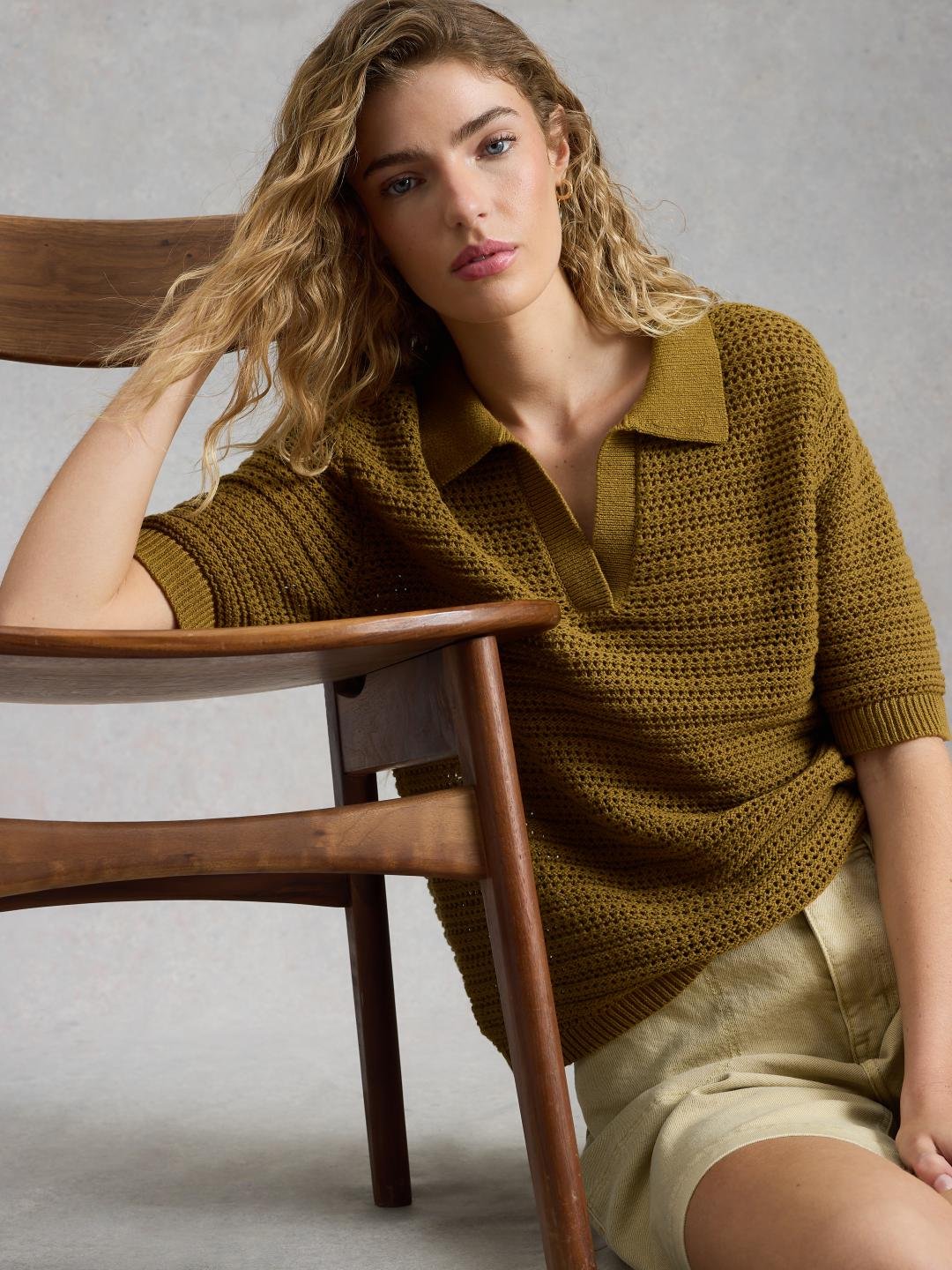 445901-KHAKI_GRN-L White Stuff COOPER KNITTED POLO KHAKI GRN