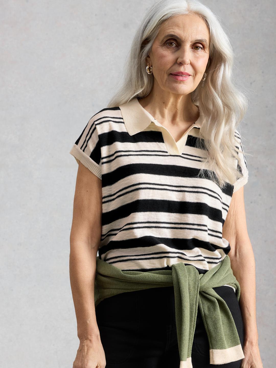 445907-IVORY_MLT-L White Stuff GINNI STRIPE LINEN POLO TEE IVORY MLT