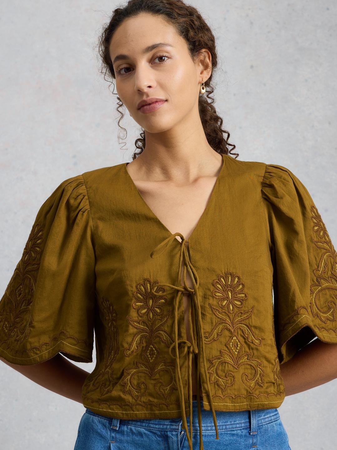 446090-KHAKI_GRN-MD White Stuff ERIN TIE FRONT TOP KHAKI GRN