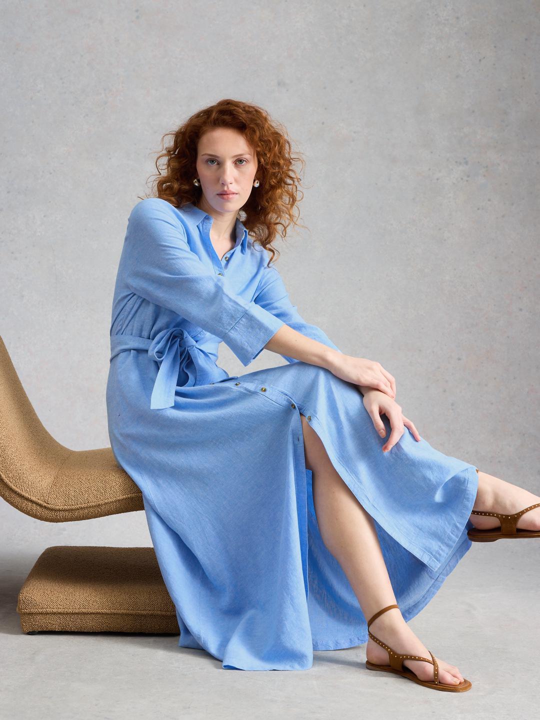 446134-CHAMB_BLUE-L White Stuff SOMA LINEN SHIRT DRESS CHAMB BLUE
