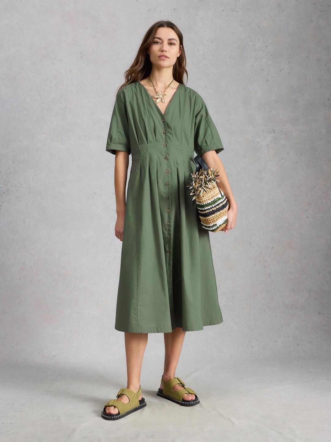 446144-DUS_GREEN-MF White Stuff KATE BUTTON THROUGH MIDI DRESS DUS GREEN