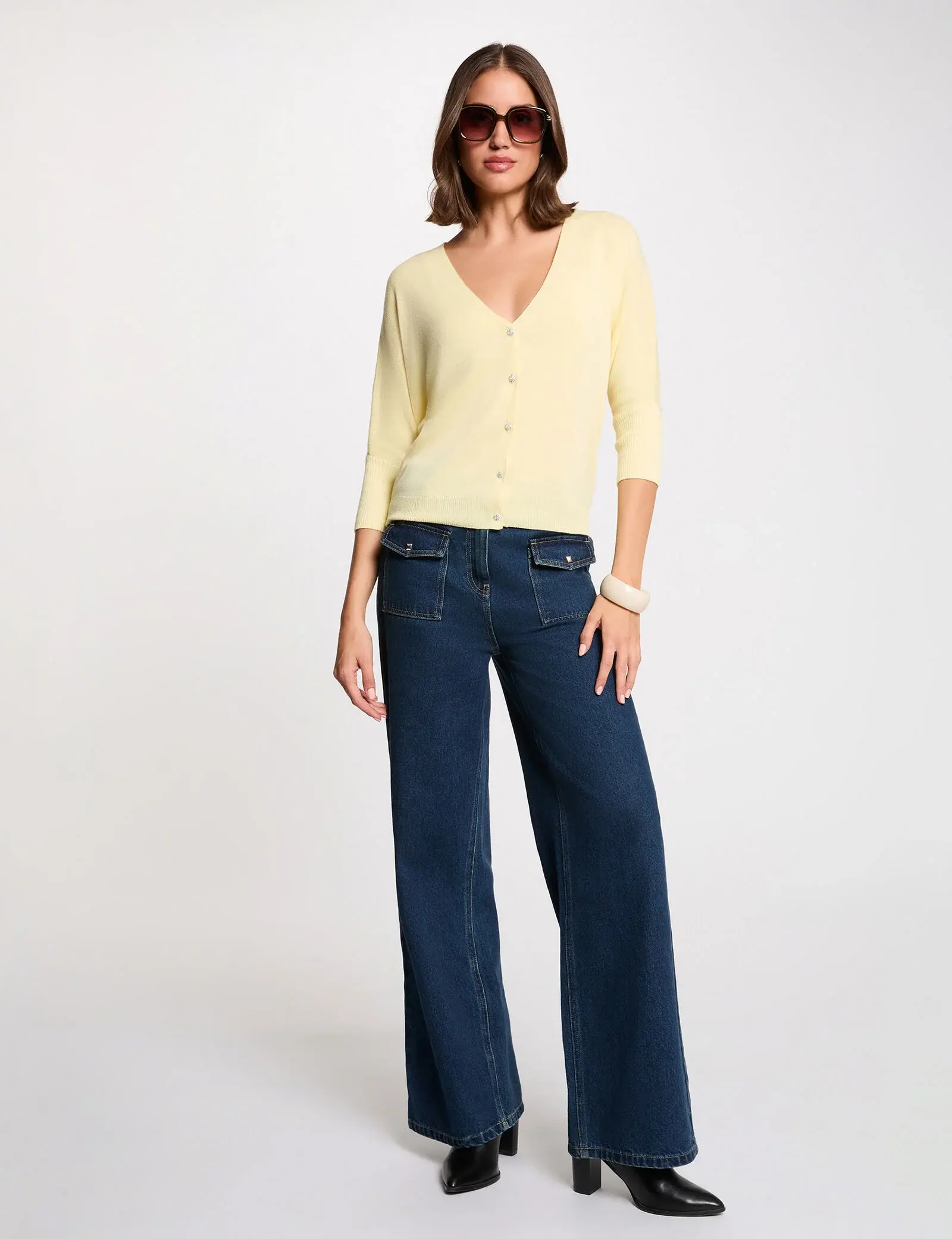gilet-col-en-v-manches-longues-jaune-clair-femme-vue5-32536301012641144 Morgan De Toi 251-MBATSI YELLOW