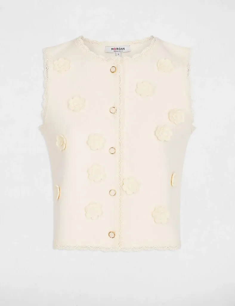 gilet-ajuste-col-rond-ivoire-femme-vue3-32536311048790978 Morgan De Toi 261-MFLEUR BEIGE