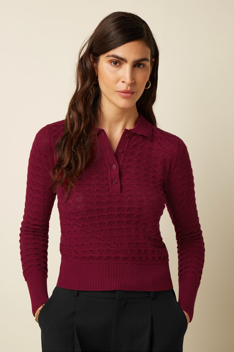 10893678_1 King Louie Polo Top Avel Knit Rhubarb Red