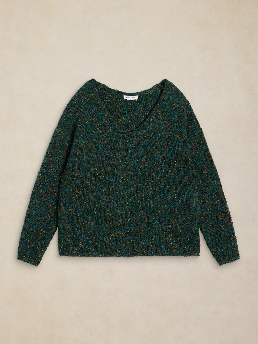 446748-DK_GREEN-FF White Stuff Texture V Neck Jumper Dk Green