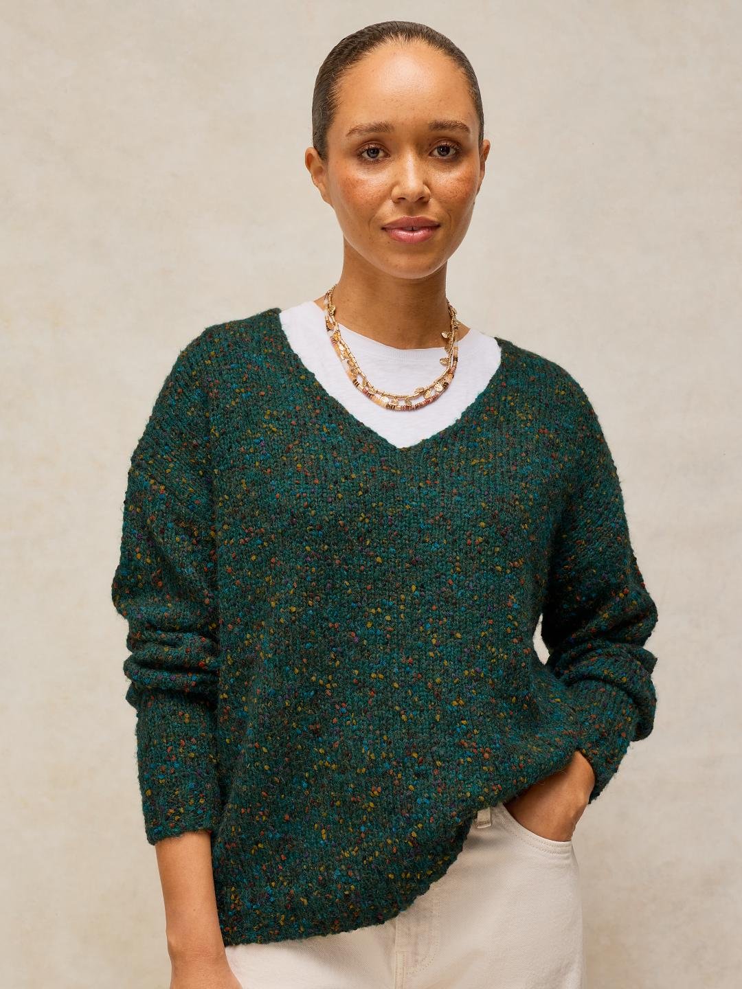446748-DK_GREEN-L White Stuff Texture V Neck Jumper Dk Green