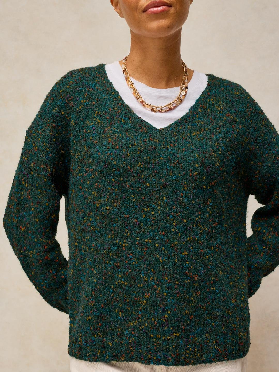 446748-DK_GREEN-MD White Stuff Texture V Neck Jumper Dk Green