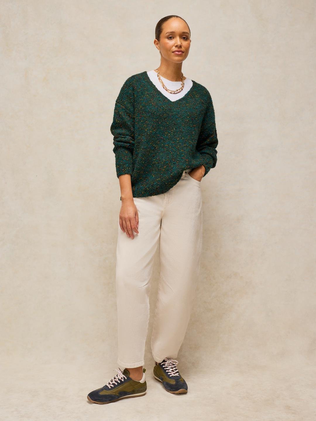 446748-DK_GREEN-MF White Stuff Texture V Neck Jumper Dk Green