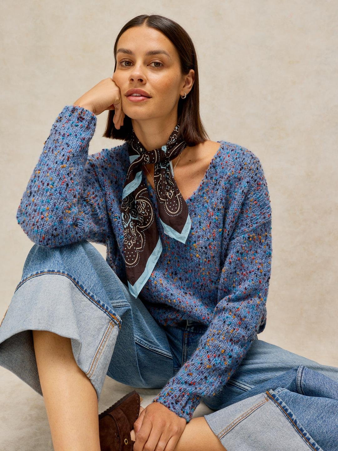 446748-MID_BLUE-L White Stuff Texture V Neck Jumper Mid Blue