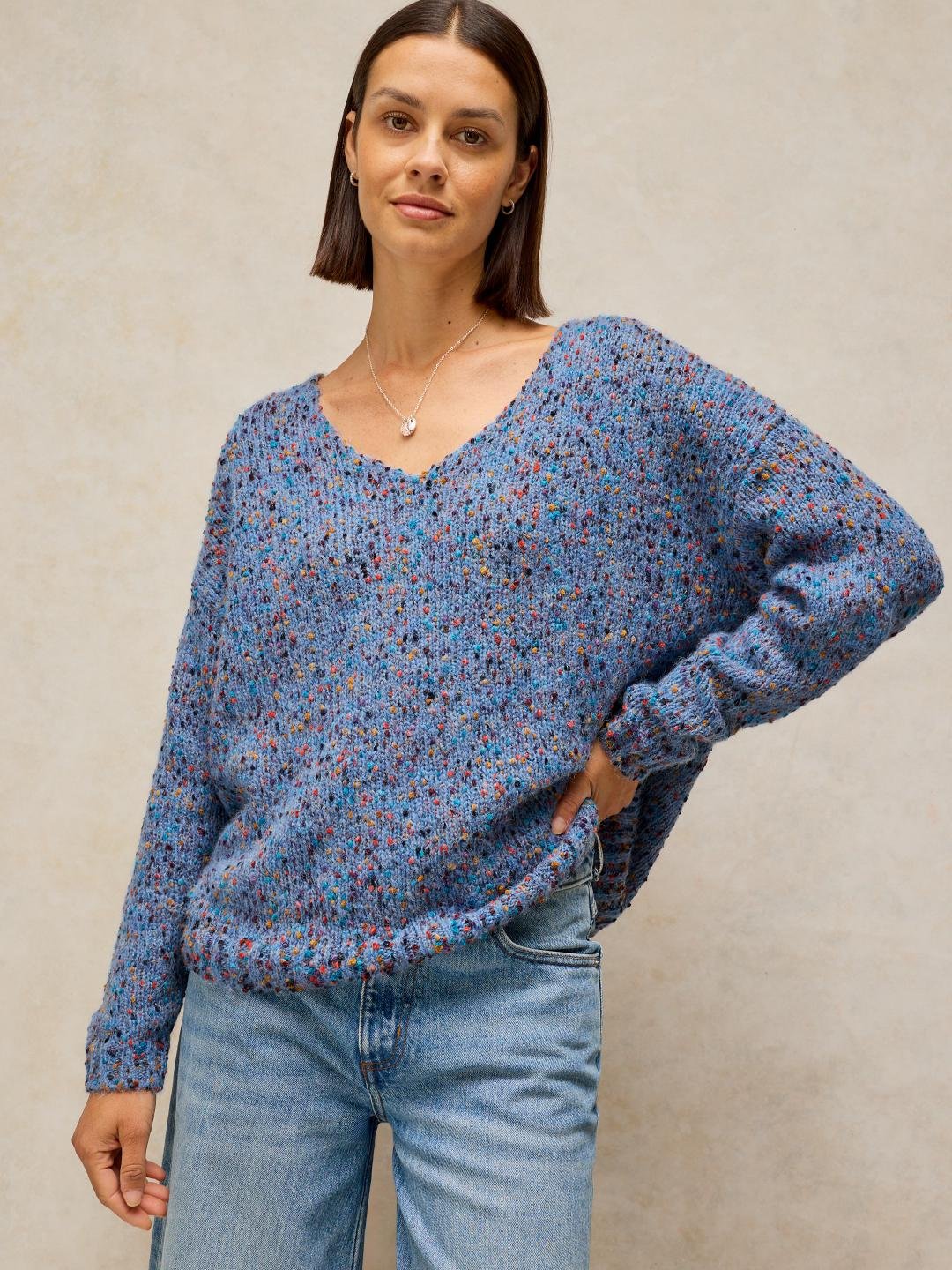 446748-MID_BLUE-MD White Stuff Texture V Neck Jumper Mid Blue