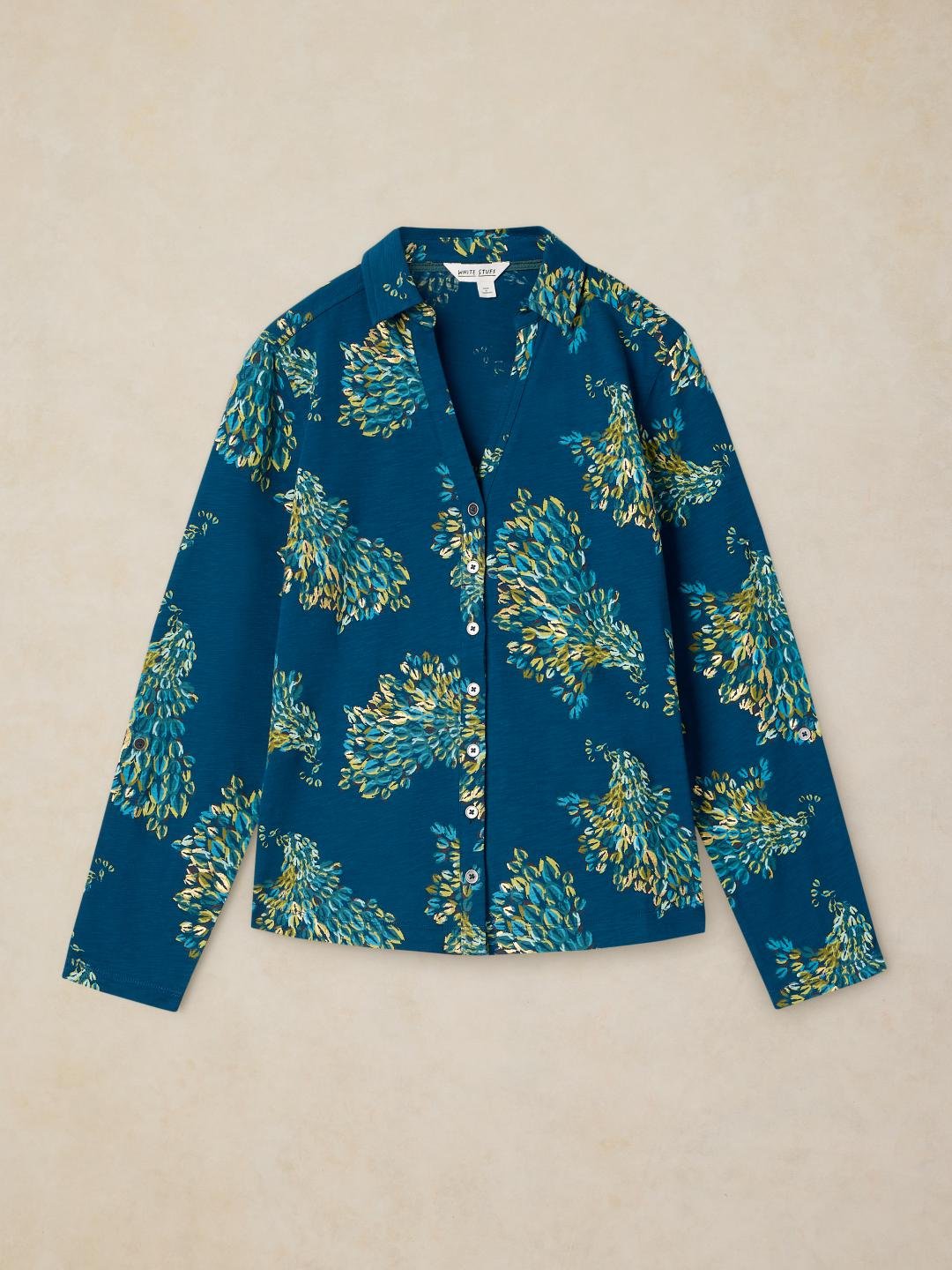 447957-TEAL_PR-FF White Stuff Annie Jersey Foil Shirt Teal Pr
