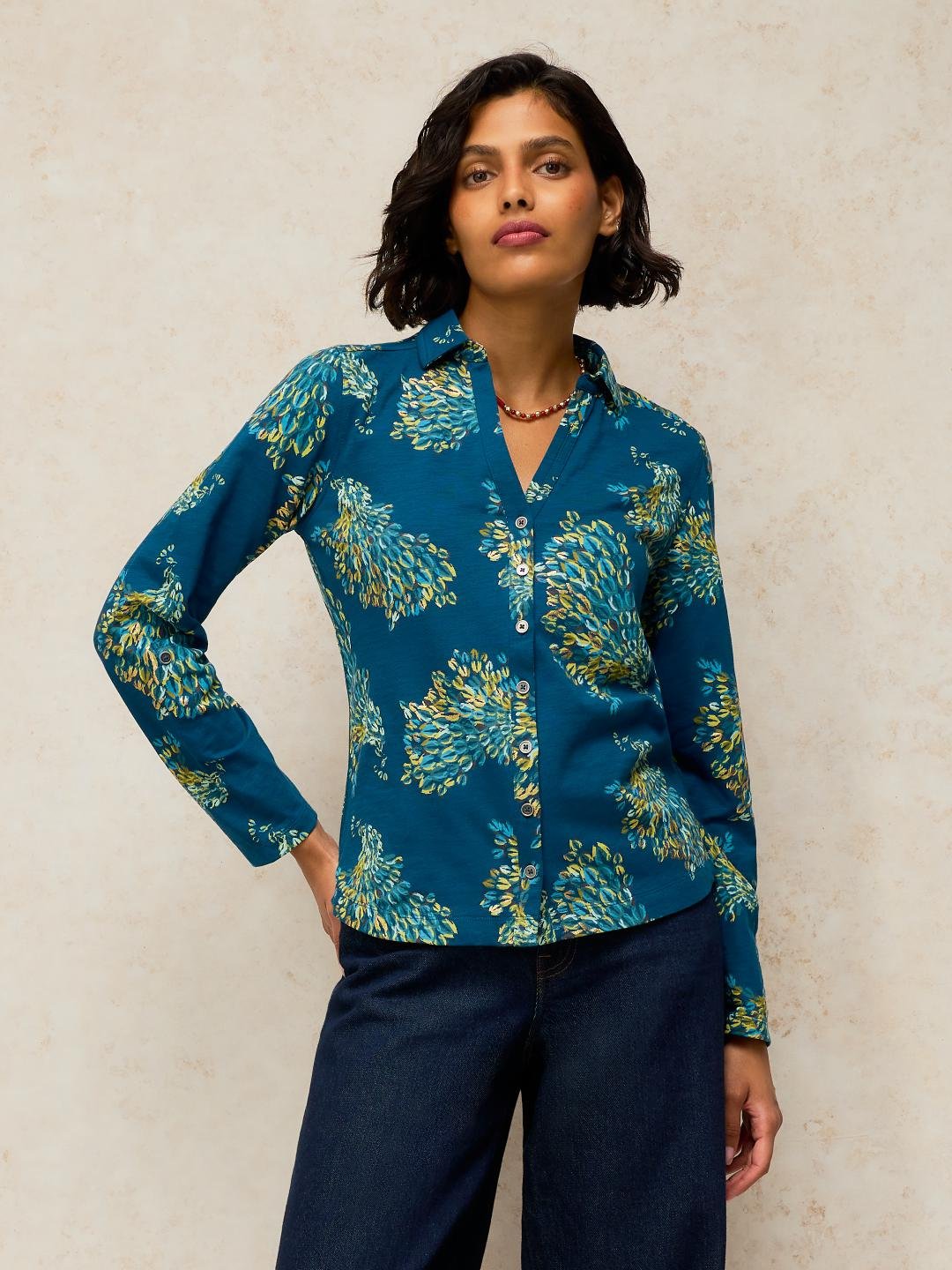 447957-TEAL_PR-L White Stuff Annie Jersey Foil Shirt Teal Pr
