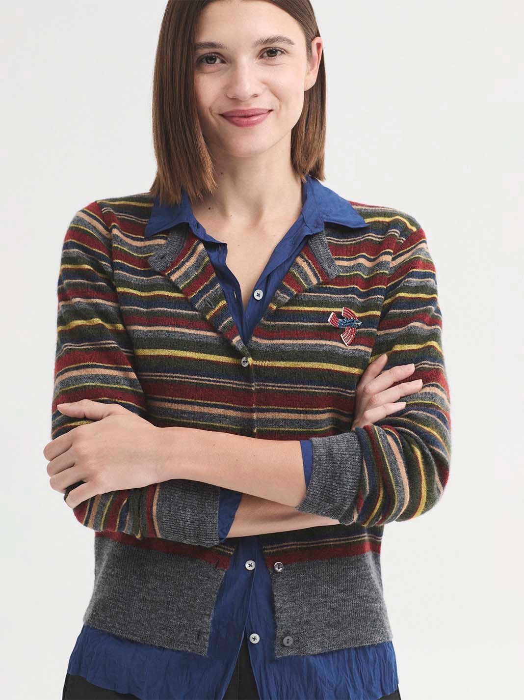 WKX028_247_1 Nice Things Multi-Striped knit jacket Khaki