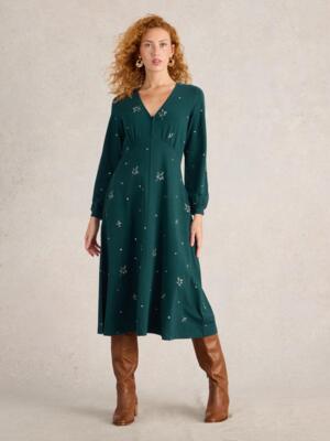 White Stuff MEGAN EMBROIDERED JERSEY DRESS TEAL MLT