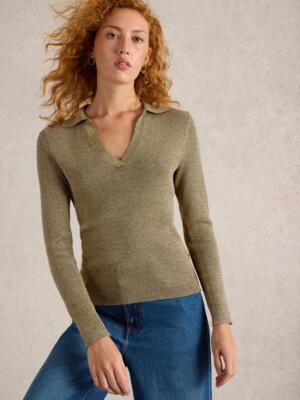 White Stuff RILEY SPARKLE RIB COLLAR KHAKI GRN