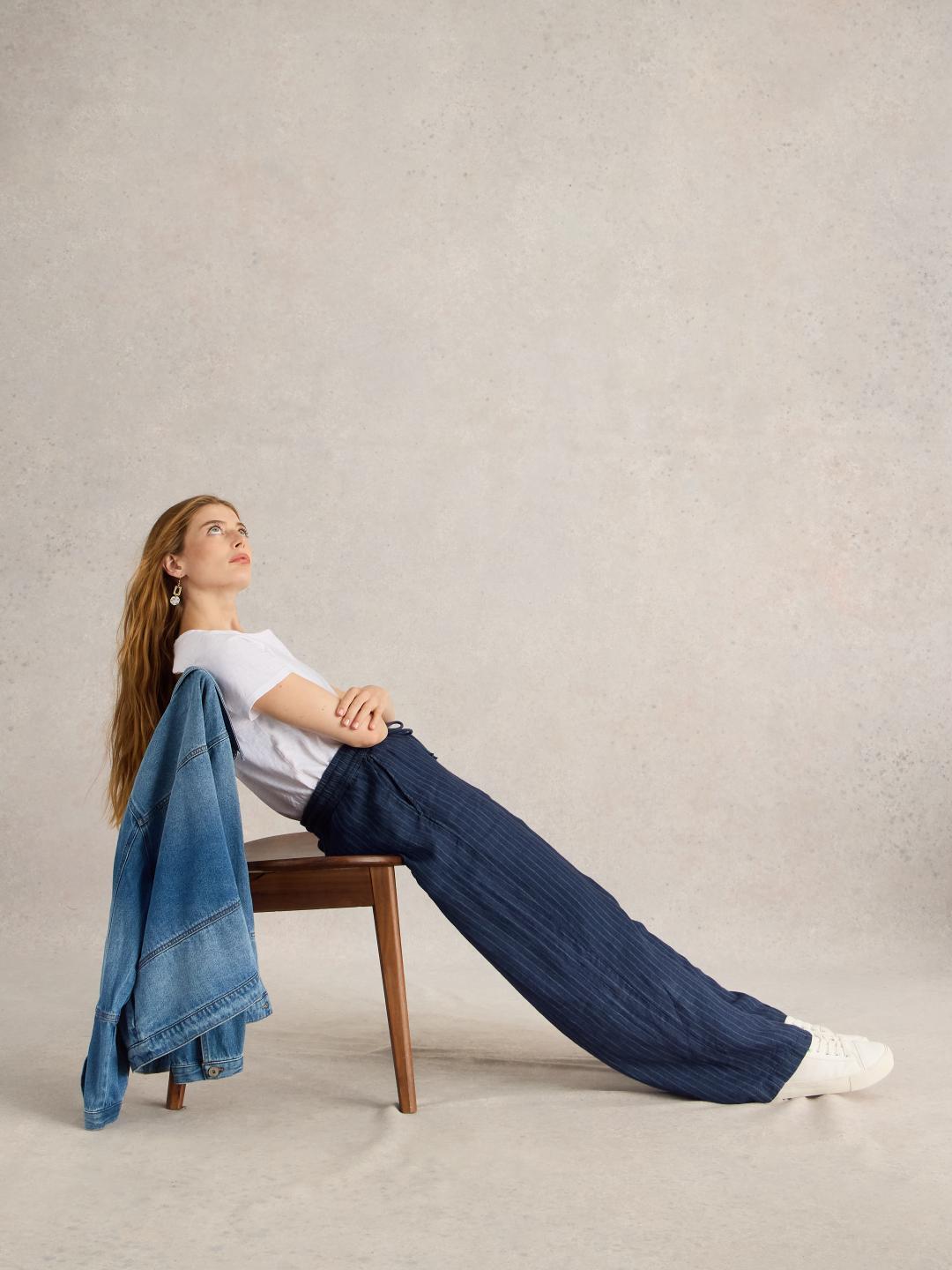 White Stuff BELLE LINEN WIDE LEG TROUSER NAVY MULTI