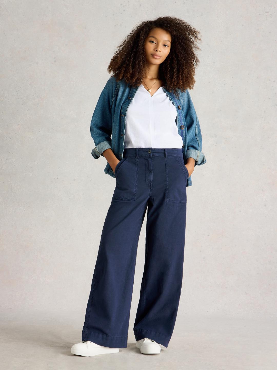 White Stuff TWISTER CHINO WIDE LEG TROUSER DARK NAVY