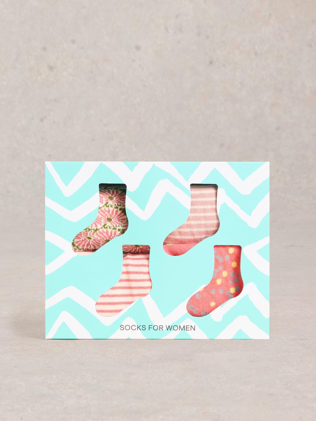 White Stuff 4PK MIXED PATTERN ANKLE SOCKS PINK MLT