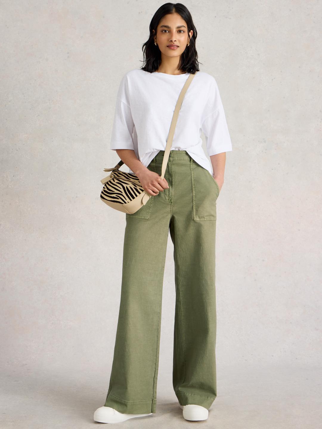 White Stuff TWISTER CHINO WIDE LEG TROUSER KHAKI GRN
